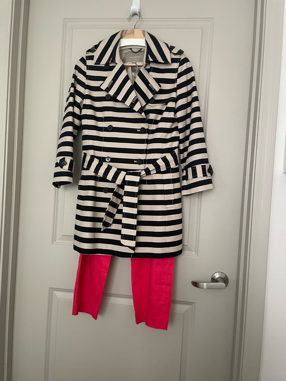 Banana Republic Black and White Striped Trench Coat with Belt
